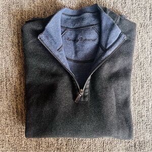 Tommy Bahama Men's Charcoal Zip-Up Sweater with Blue Inner Collar 100% Cotton M